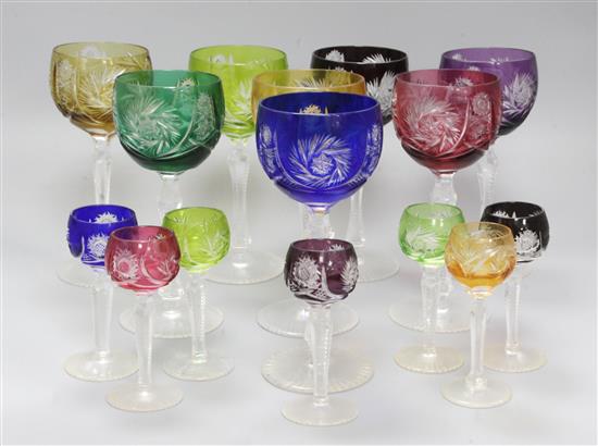 A set of eight harlequin set of colour flashes hock glasses and eight liqueurs, height 19cm